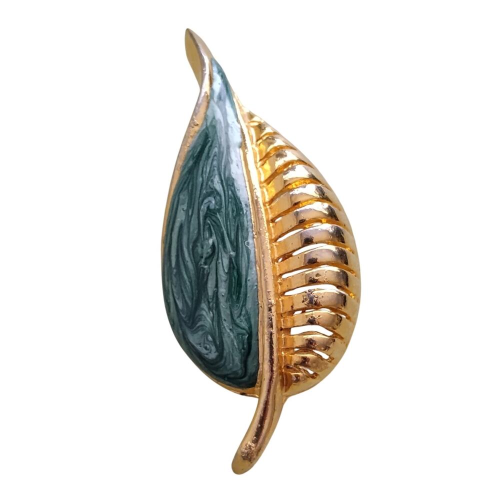 Vintage Piscitelli Botanical Broch Gold Pleated Metal Swirled Green Enamel Glaze